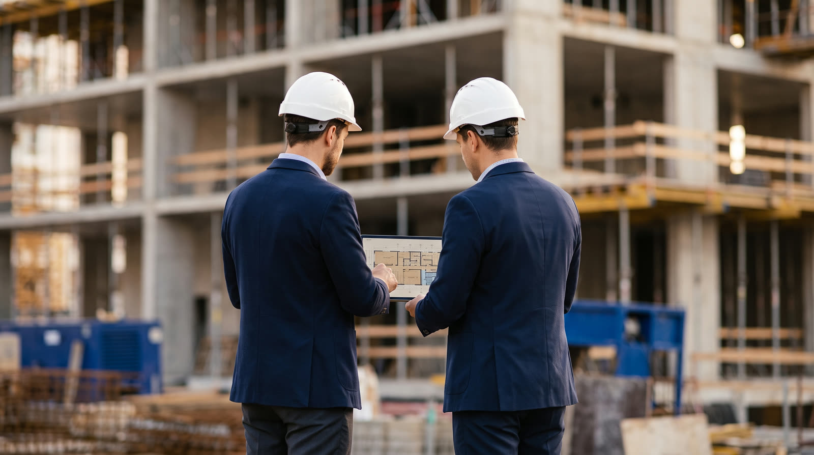 Deux ingénieurs casqués consultant une tablette avec des plans lors d'une visite de site, structure béton en arrière-plan