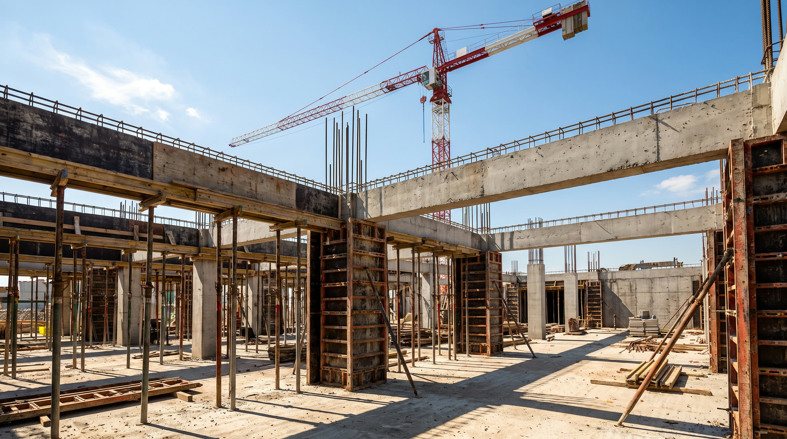 Chantier de construction en journée, structure béton avec ferraillage apparent et grue en arrière-plan sous un ciel bleu clair